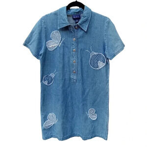 Vintage Mini Blue Jean Dress Butterfly & Ladybugs Patches Size Small Blue J.
